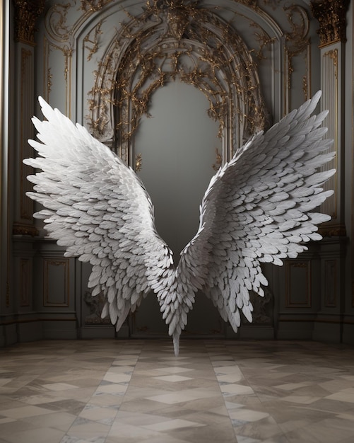 er is een grote witte engel vleugels die zijn op display generatieve ai
