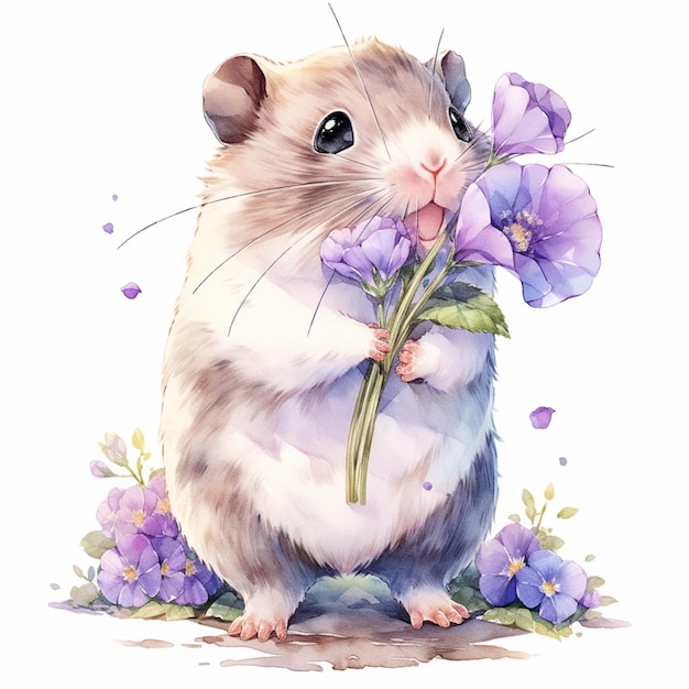 Er is een hamster die een bos bloemen generatieve ai vasthoudt