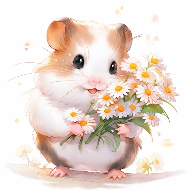 Er is een hamster die een bos bloemen in zijn poten generatieve ai houdt