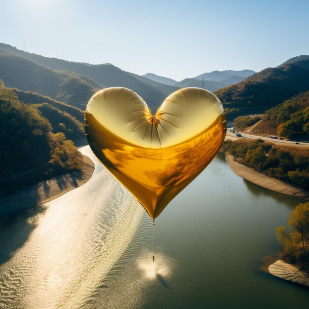 Foto er is een hartvormige ballon die in de lucht drijft boven een rivier.