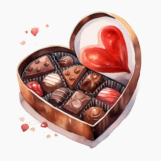 Er is een hartvormige doos chocolaatjes met een rood hart generatieve ai