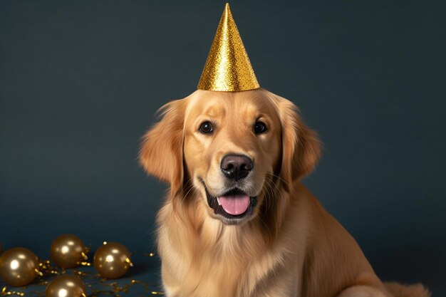 er is een hond die een feesthoed draagt met een feestdecoratie generatieve ai