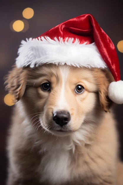 er is een hond die een kerstmuts draagt op een donkere achtergrond generatieve ai