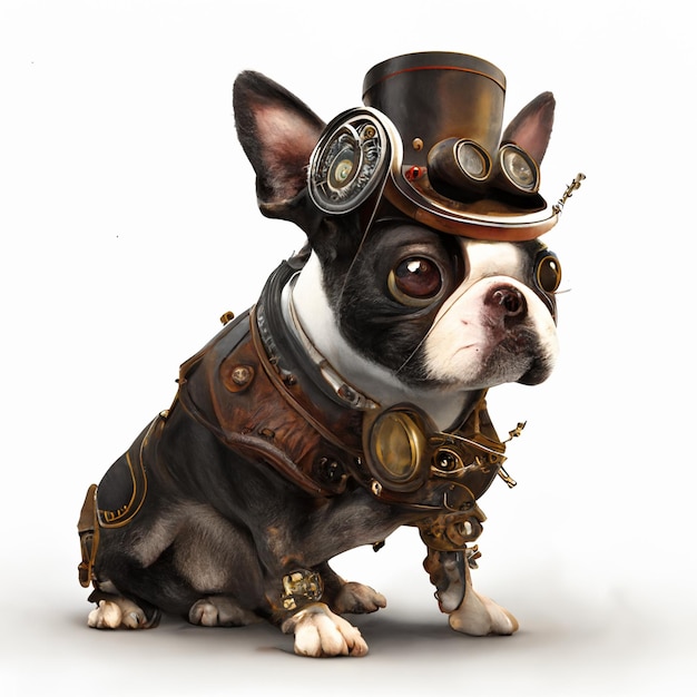 Er is een hond die een steampunk-outfit draagt en een generatieve ai-hoed