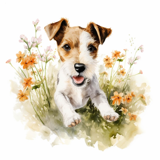 Er is een hond die in het gras zit met bloemen generatieve ai