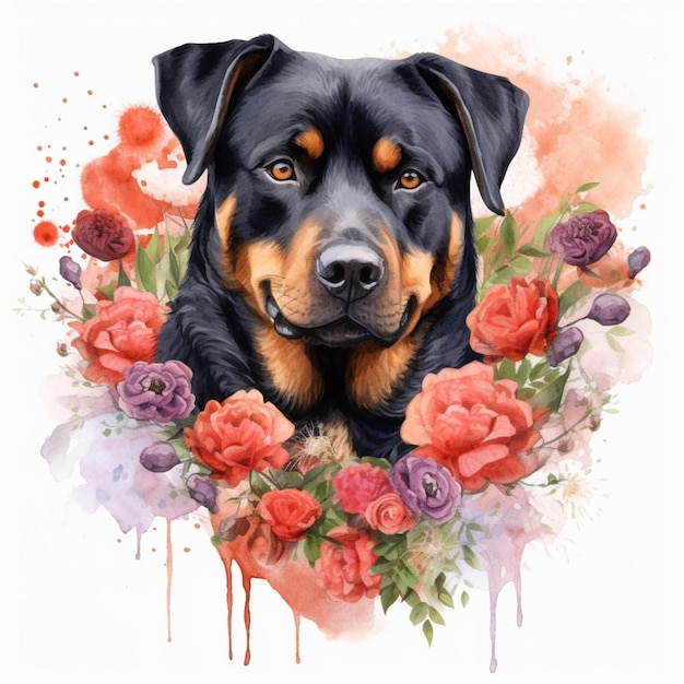 Er is een hond die midden in een generatieve ai bloemenkrans zit