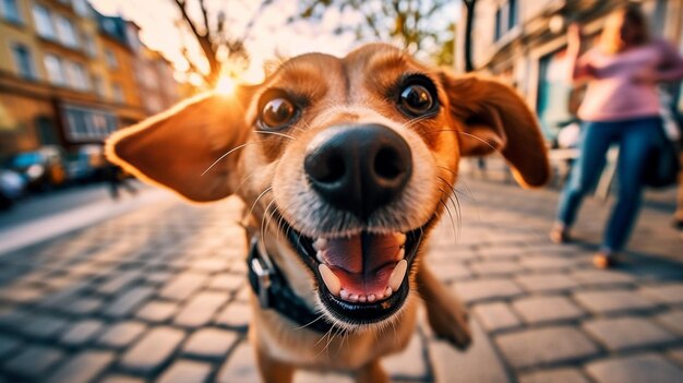 Foto er is een hond die naar de camera kijkt.