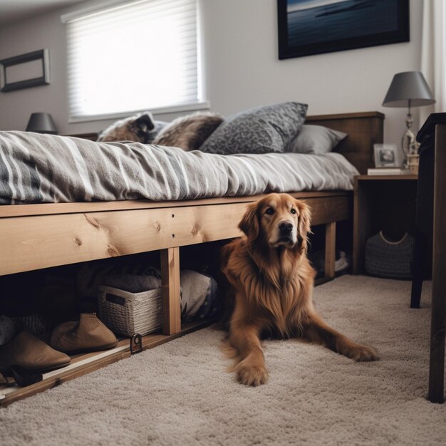 Foto er is een hond die op de grond ligt voor een bed generatieve ai