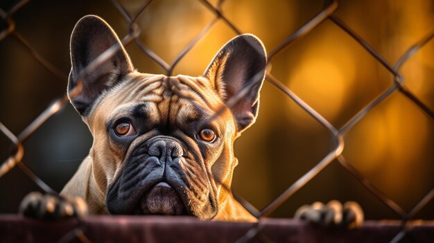 Er is een hond die over een hek kijkt.