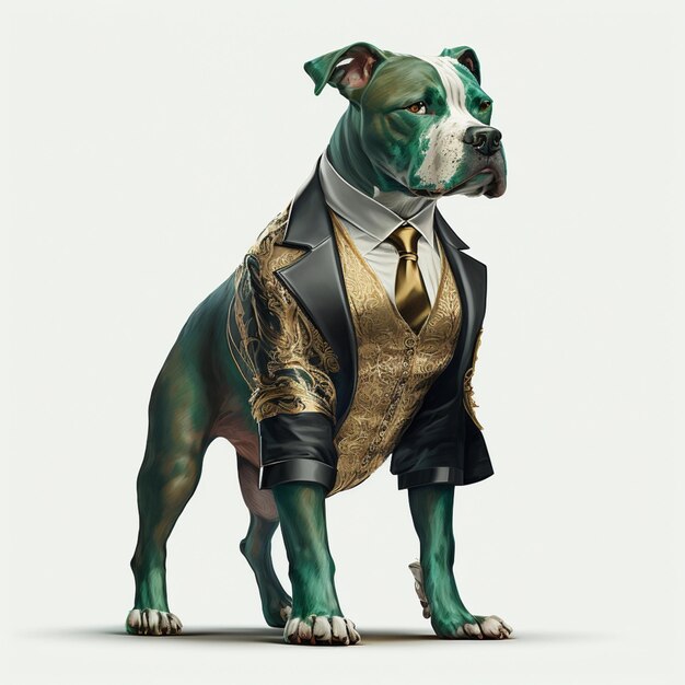Foto er is een hond gekleed in een pak en stropdas staande generatieve ai