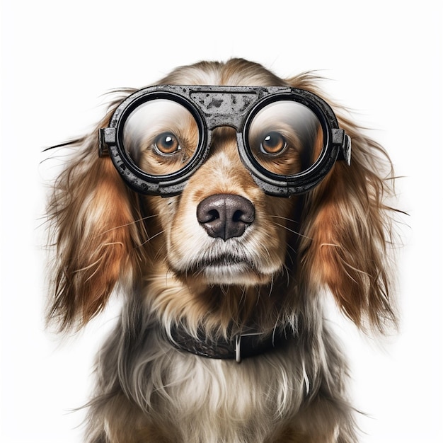Er is een hond met een bril op zijn hoofd en een halsband generatieve ai