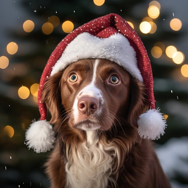 er is een hond met een kerstmuts voor een kerstboom generatieve ai