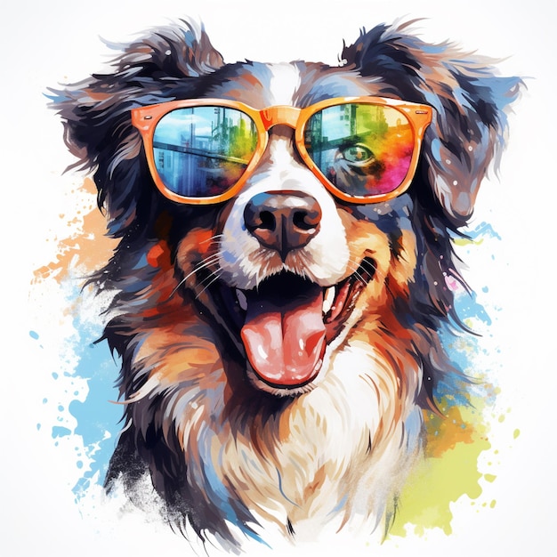 Er is een hond met een zonnebril en een glimlach op zijn gezicht.
