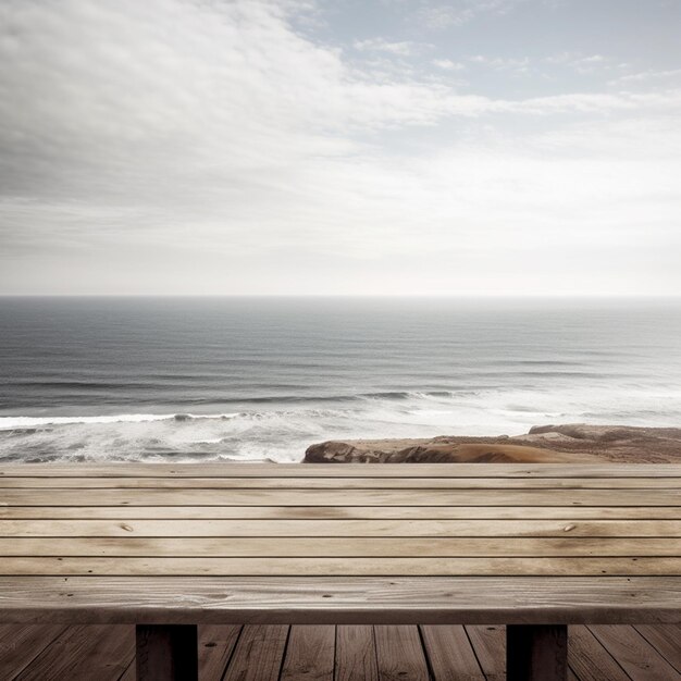 Foto er is een houten bank op een dek met uitzicht op de oceaan generatieve ai