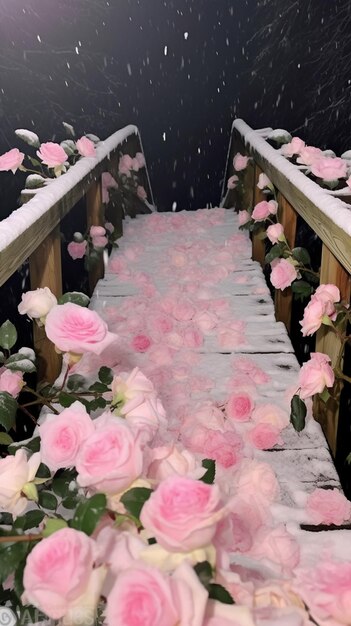 Foto er is een houten brug met roze rozen erop generatieve ai