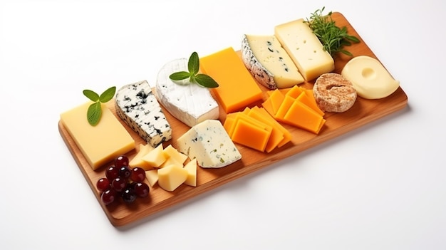 Foto er is een houten dienblad met kaas en andere kazen erop.