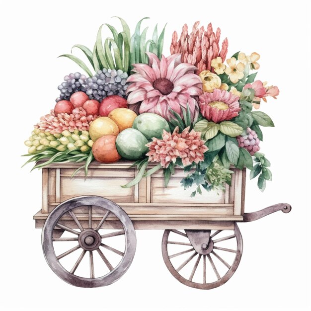Er is een houten kar gevuld met veel bloemen en fruit.