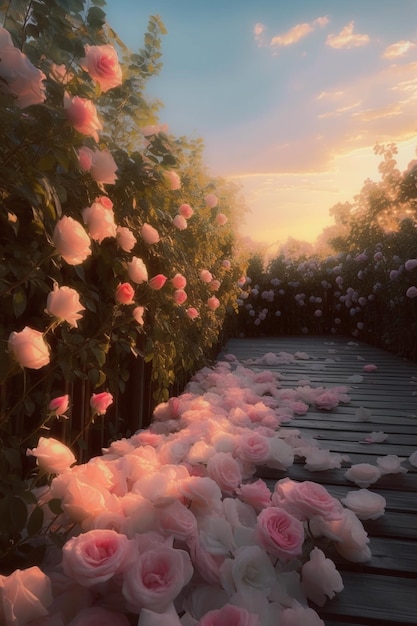 er is een houten loopbrug met roze rozen erop generatieve ai