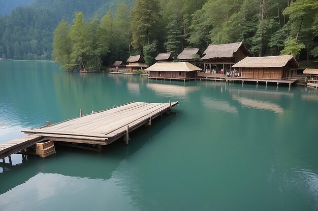 Er is een houten pier op het meer waar toeristen de boot aan vastbinden.