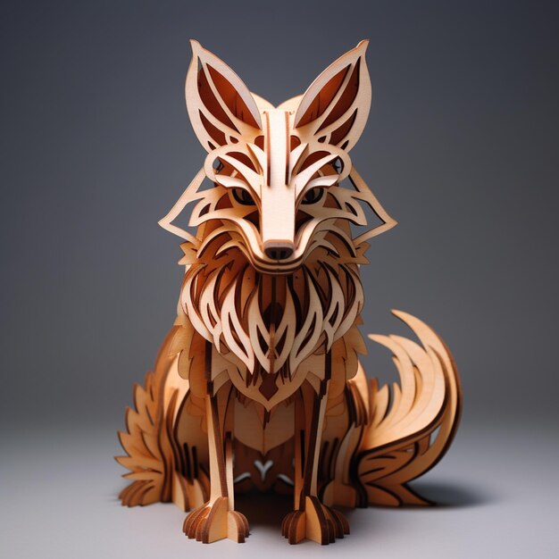 er is een houten sculptuur van een vos zittend op een tafel generatieve ai