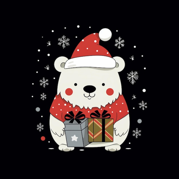 Er is een ijsbeer die een kerstmanhoed draagt en een geschenk in handen heeft.