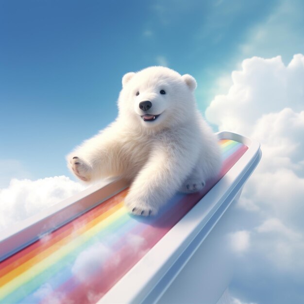 Foto er is een ijsbeer die op een regenboog glijdt.