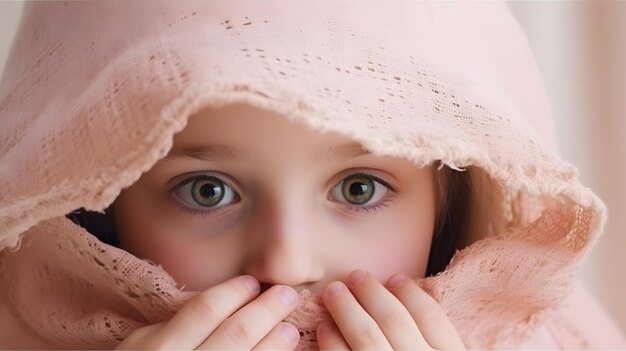 er is een jong meisje met een roze deken die haar gezicht bedekt Generatieve AI