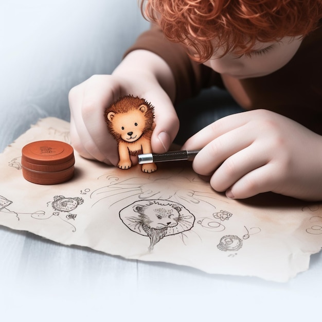 Er is een jonge jongen die een leeuw tekent op een stuk papier generatieve ai