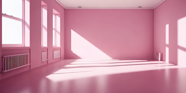Er is een kamer met een raam en een roze muur weergegeven in zachte verlichting van 8K Unreal Engine