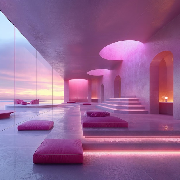 Er is een kamer met veel roze kussens en een roze licht generatieve ai