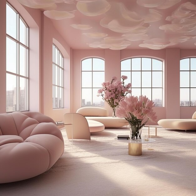 er is een kamer met veel roze meubels en een vaas met bloemen generatieve ai