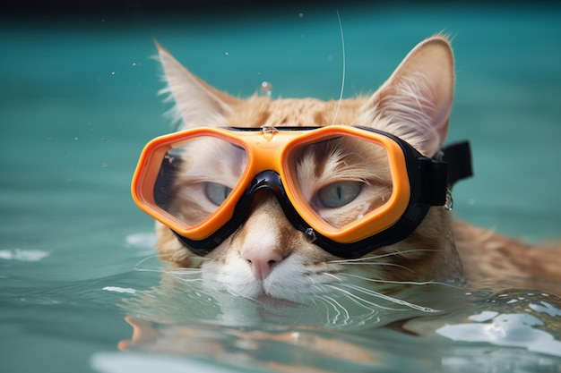 Er is een kat die een bril draagt in het water met een blauwe generatieve ai als achtergrond