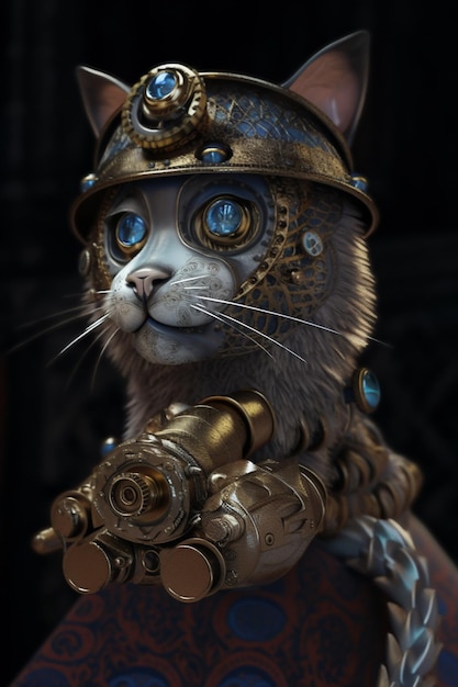 Er is een kat die een helm draagt met een ketting om zijn nek generatieve ai