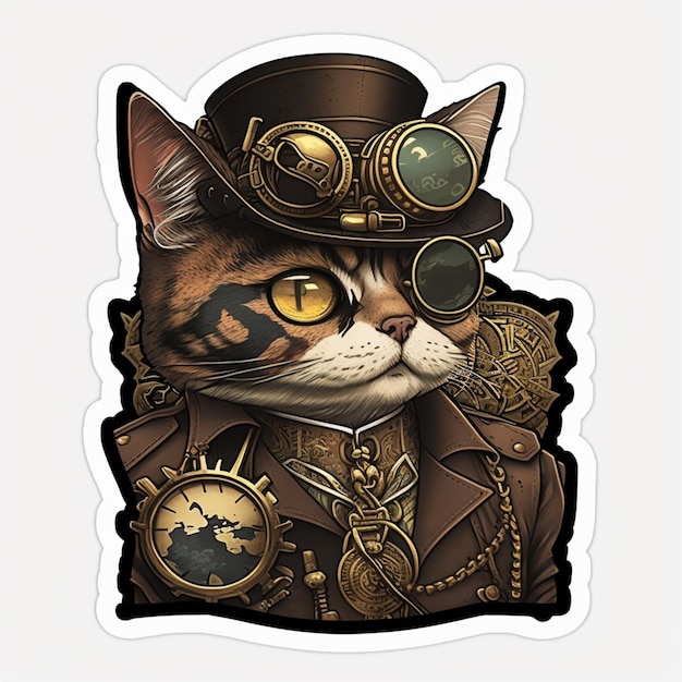 Er is een kat die een steam punk outfit draagt en een bril draagt.