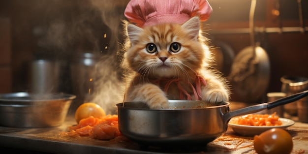 Er is een kat die kookt in een pot op een tafel generatieve ai