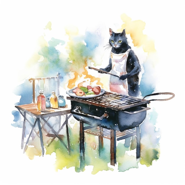 er is een kat die op een grill kookt met een spatel generatieve ai