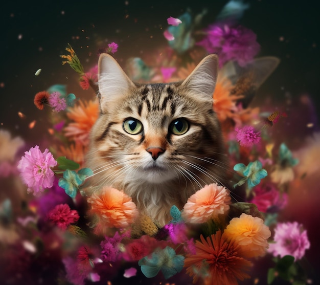 er is een kat die zit in een boel bloemen generatieve ai