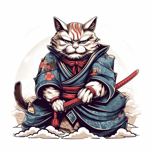 Foto er is een kat die zit met een samurai zwaard generatieve ai