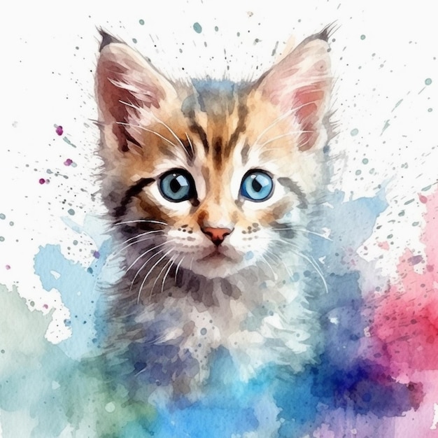 er is een kat met blauwe ogen en een roze en blauwe generatieve ai als achtergrond