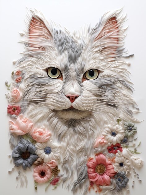 Er is een kat van papier met bloemen erop.