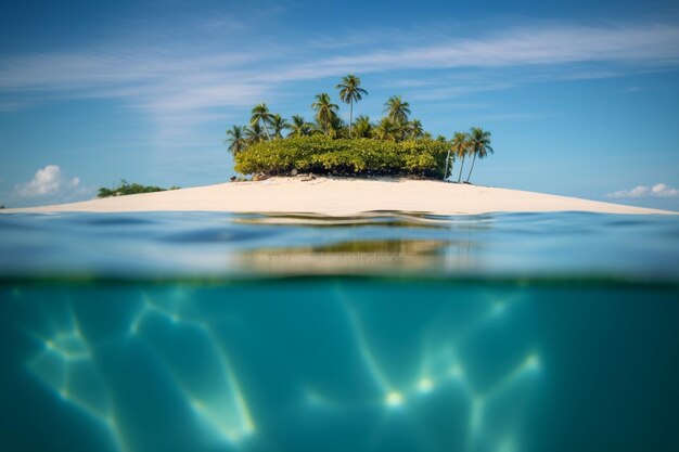 er is een klein eiland met een palmboom op het strand generatieve ai