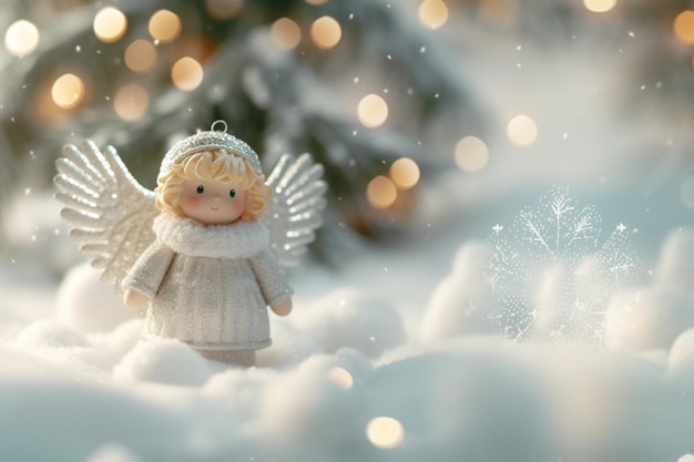 er is een klein engelenbeeldje in de sneeuw met een kerstboom op de achtergrond generatieve ai