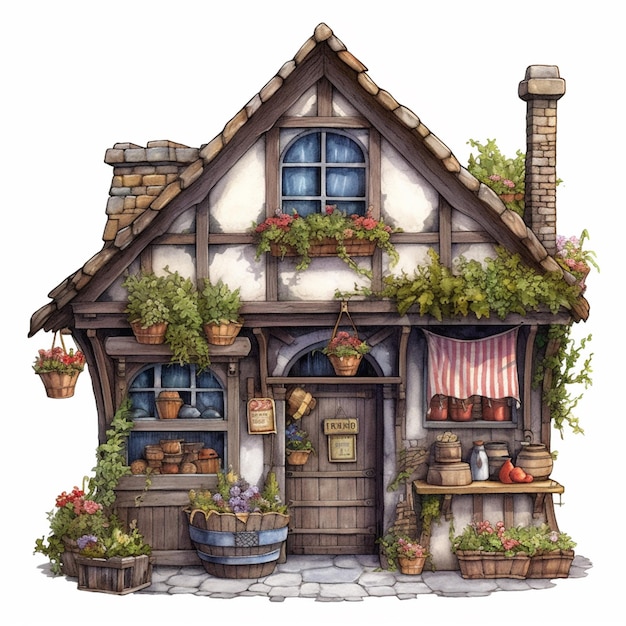 Er is een klein huisje met veel bloemen aan de voorkant.