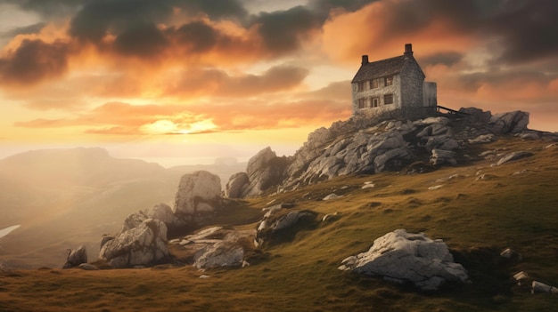 Foto er is een klein huisje op een berg met een bewolkte hemel generatieve ai