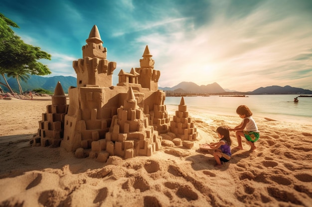 er is een klein meisje dat een zandkasteel aan het bouwen is op het strand generatieve ai