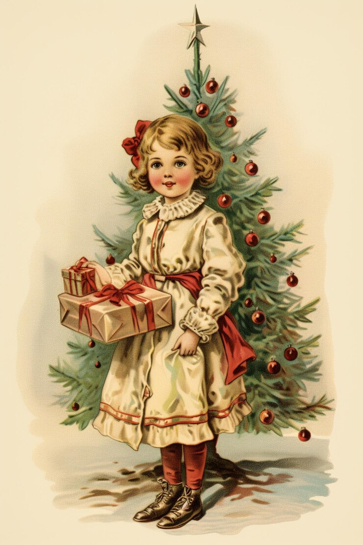 Foto er is een klein meisje met een cadeautje bij een kerstboom.