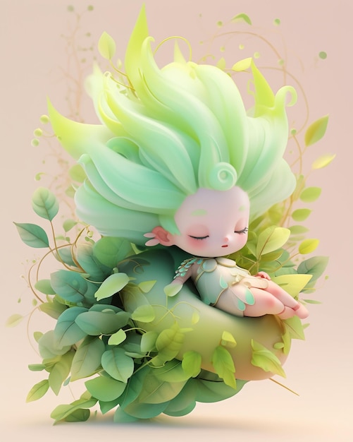 er is een klein meisje met groen haar zittend op een groene plant generatieve ai