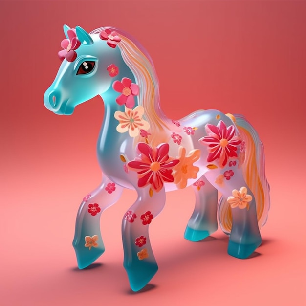 Er is een klein plastic paard met bloemen erop.