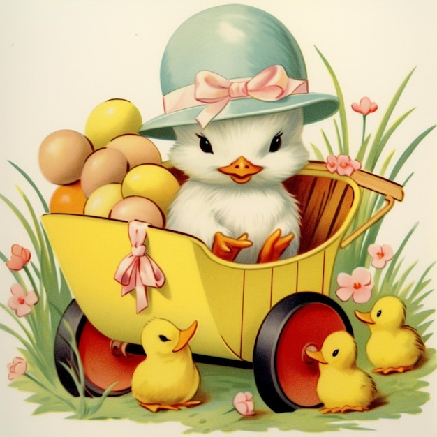 Er is een kleine eend in een wagen met kuikens en eieren.