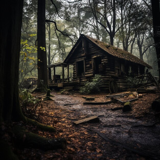 Foto er is een kleine hut in het bos met een mos dak generatieve ai